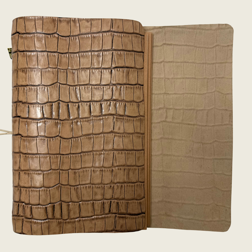 Warm Sand A5 embossed in a smooth sand colored leather with a soft, timeless elegance.
