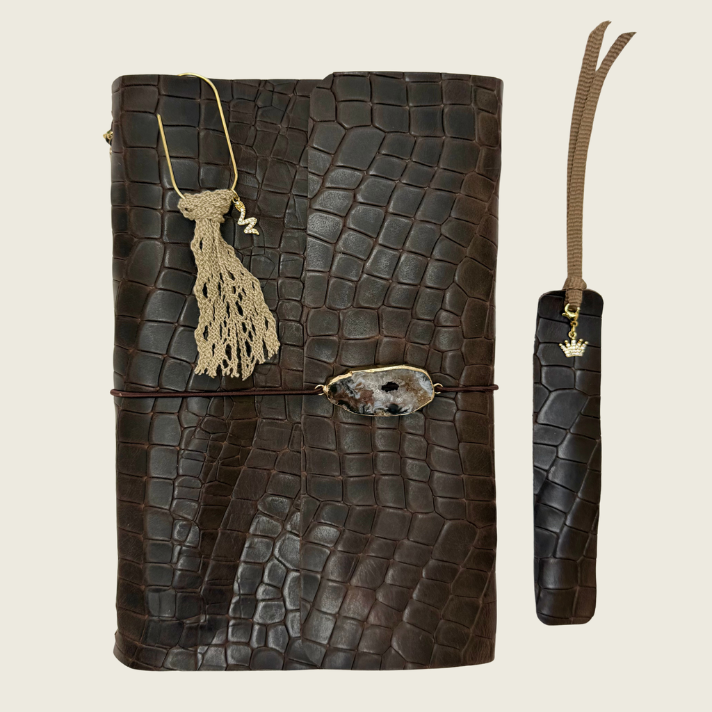 Cocoa A5 embossed in a brown rich, warm elegant tone.