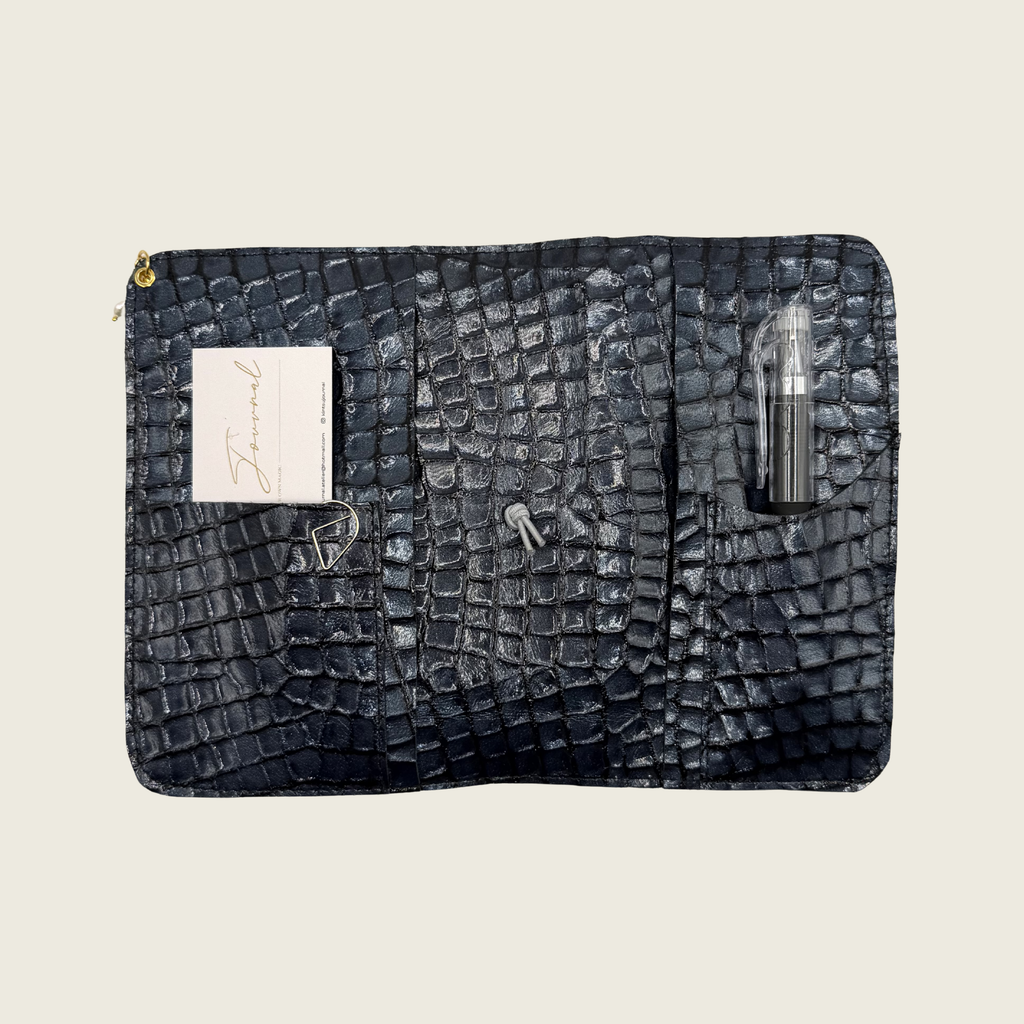 Deep midnigh blue, with embossed crocodile texture, timeless elegance.