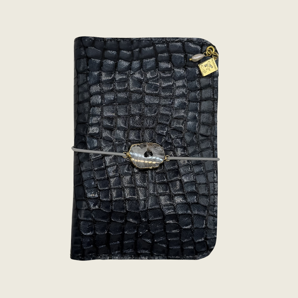Deep midnigh blue, with embossed crocodile texture, timeless elegance.
