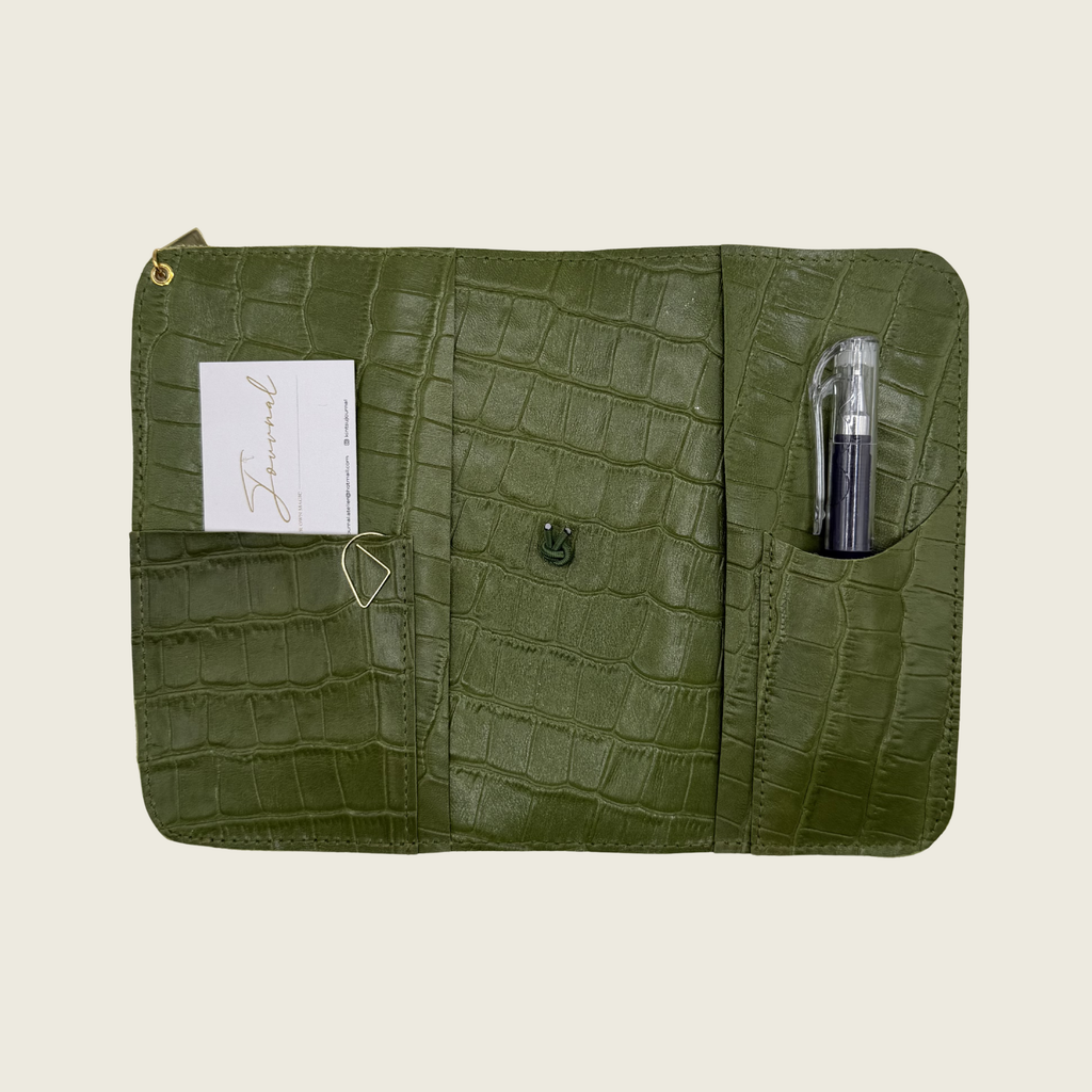 Luminous soft green moss, embossed in crocodile texture, distinctive elegance.